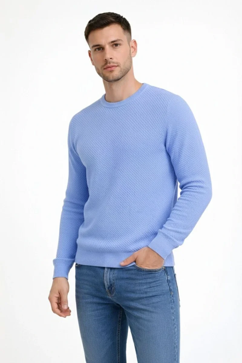 Bisiklet Yaka Petekli dokulu Triko Kazak Pamuklu ince Dokuma, uzun kollu Rahat Regular kalıp - Mavi