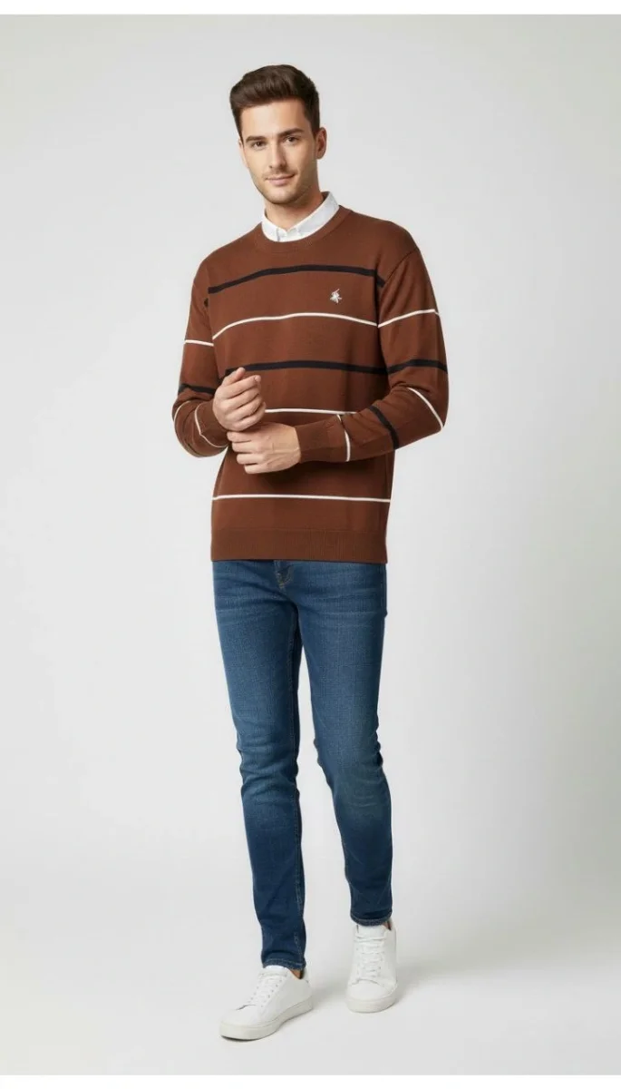 Bisiklet Yaka Cizgili Triko Kazak yumuşak dokulu Pamuklu ince Dokuma, uzun kollu Rahat Regular kalıp - Kahverengi