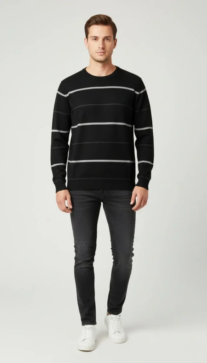 Bisiklet Yaka Cizgili Triko Kazak yumuşak dokulu Pamuklu ince Dokuma, uzun kollu Rahat Regular kalıp - Siyah