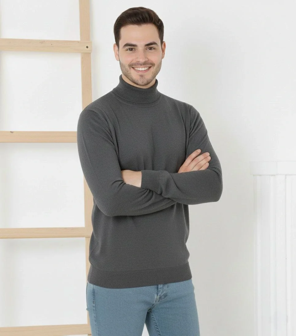 Yarım Boğaz Triko Kazak yumuşak dokulu Pamuklu ince Dokuma, uzun kollu Rahat Regular kalıp - Füme