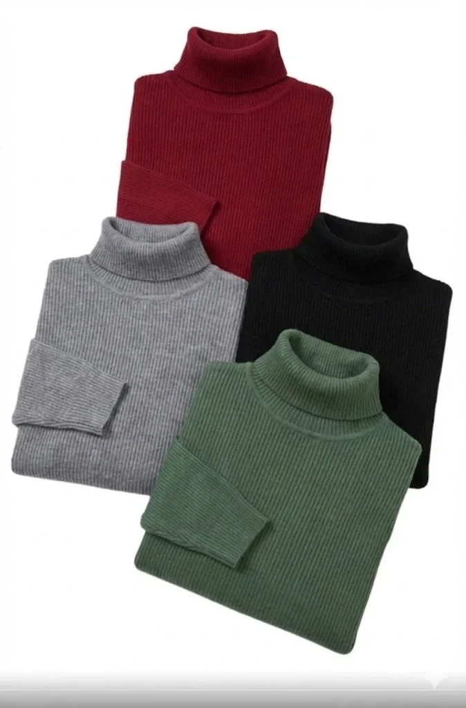 4'lü Siyah, Bordo, Gri, Haki   Kaşkorse Boğazlı Full Likralı Fitilli Body Kazak