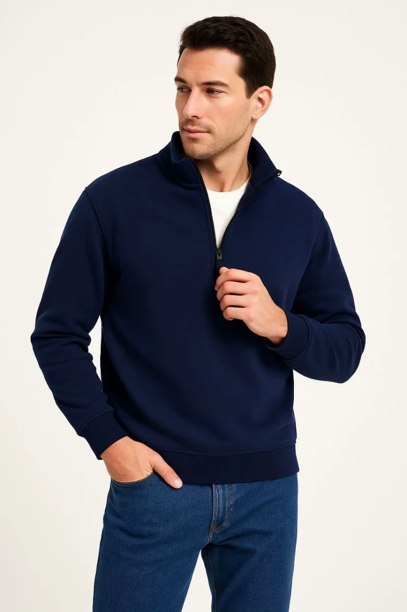 Dik Yaka Sweatshirt Dik Yaka Yarım Fermuarlı 3 İplik Şardonlu Pamuk Kumaş - Lacivert
