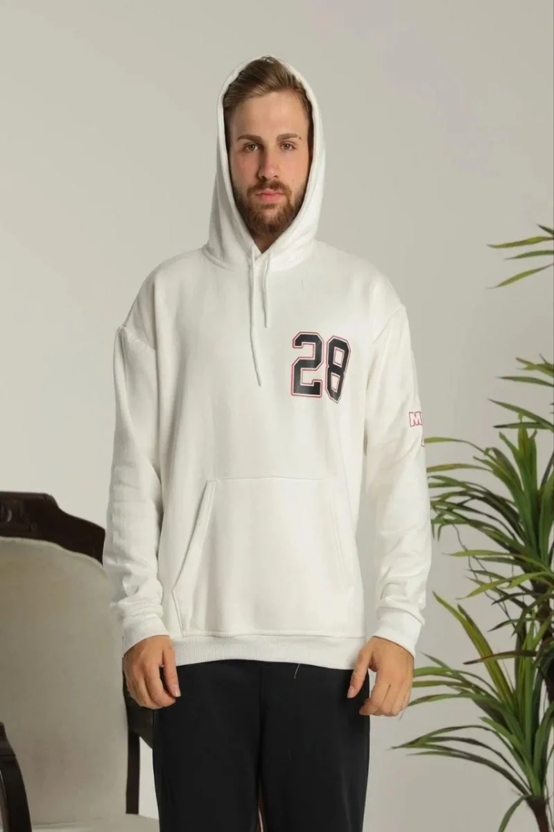Sırt Baskılı Oversize Üç İplik Kapüşonlu Sweatshirt - Beyaz