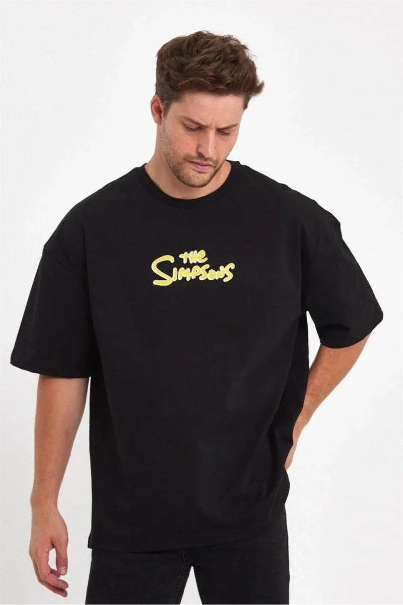 Sırt Baskılı Bisiklet Yaka Oversize T-shirt - Siyah