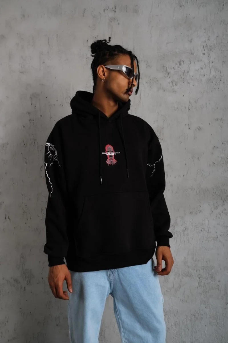 Maske Baskılı Kapüşonlu Sweat - Siyah