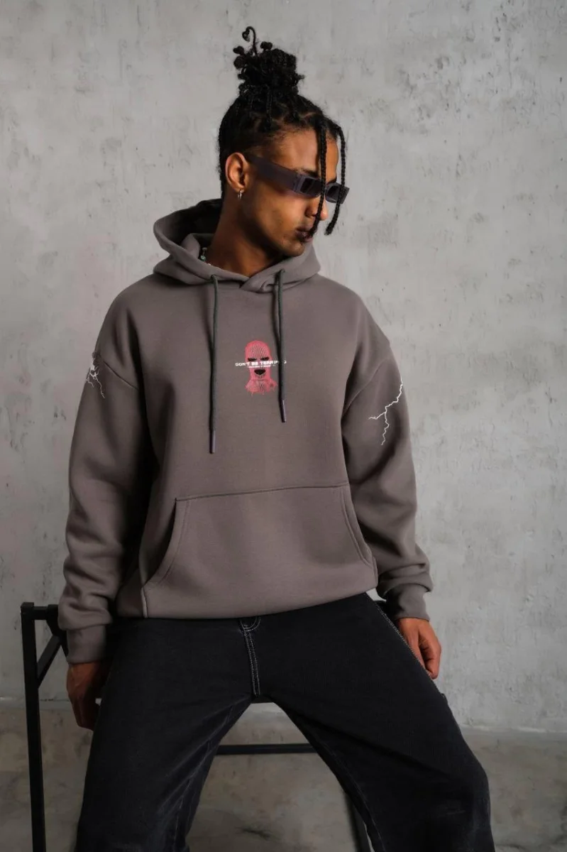 Maske Baskılı Kapüşonlu Sweat - Gri