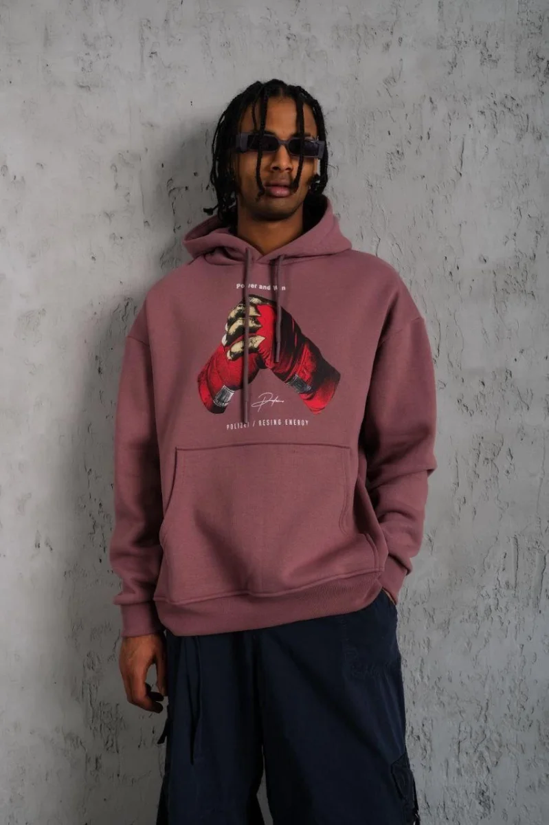 Eldiven Baskılı Kapüşonlu Sweat - Gül Kurusu