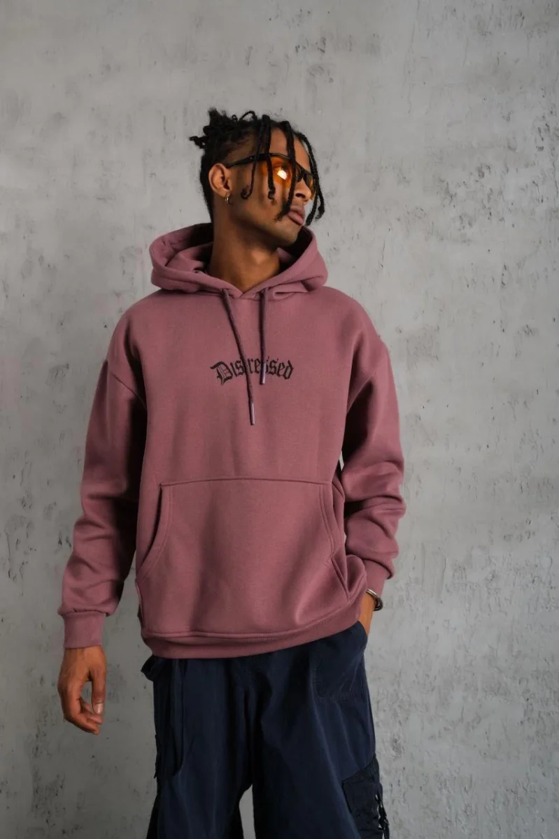 Üç İplik Baskılı Kapüşonlu Sweat - Gül Kurusu