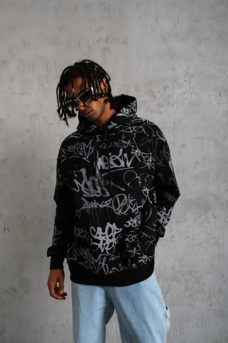 Baskılı Kapüşonlu Ribanalı Sweat - Siyah