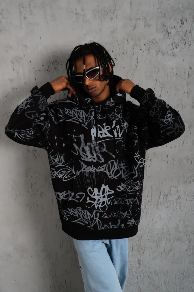 Baskılı Kapüşonlu Ribanalı Sweat - Siyah