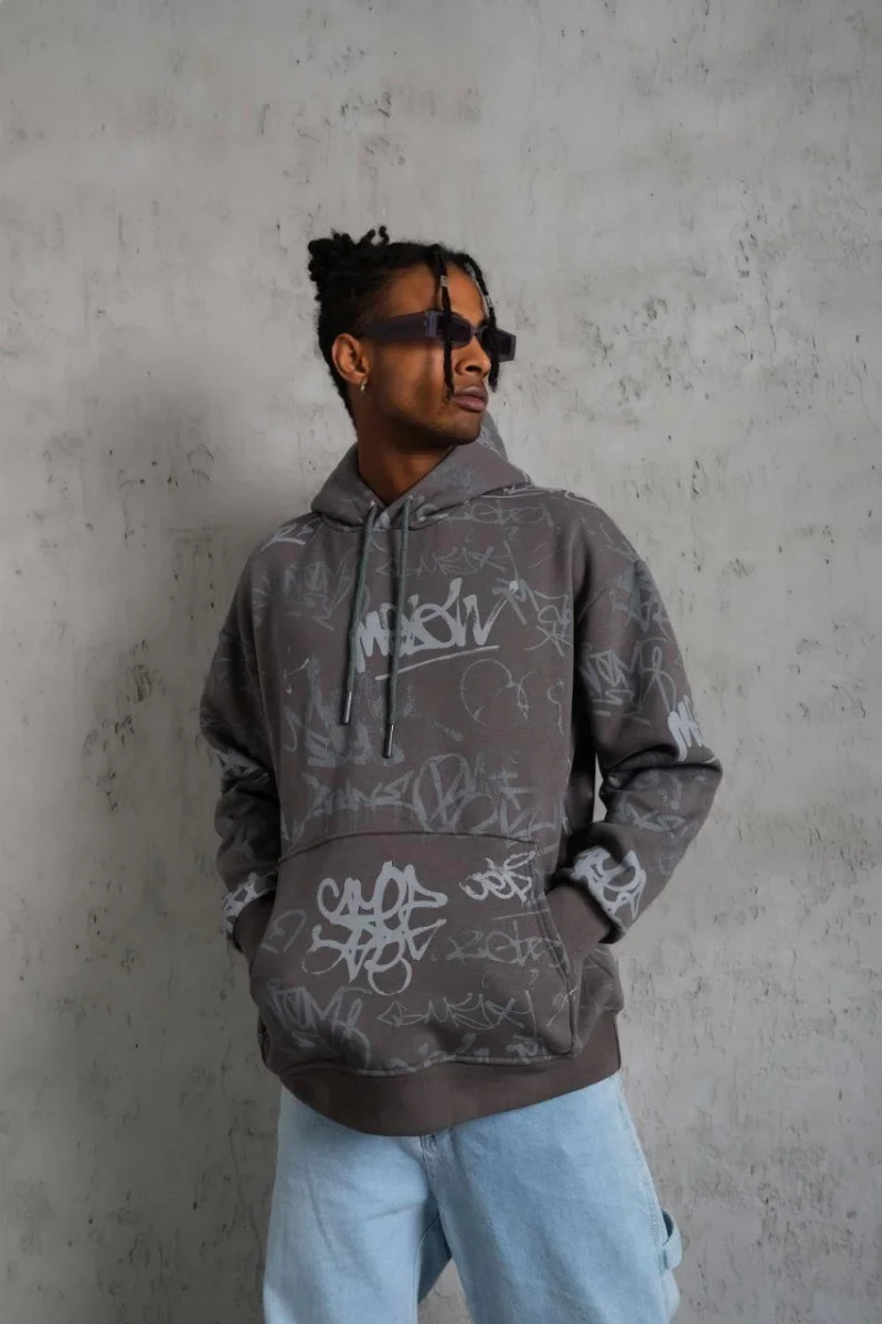 Baskılı Kapüşonlu Ribanalı Sweat - Gri