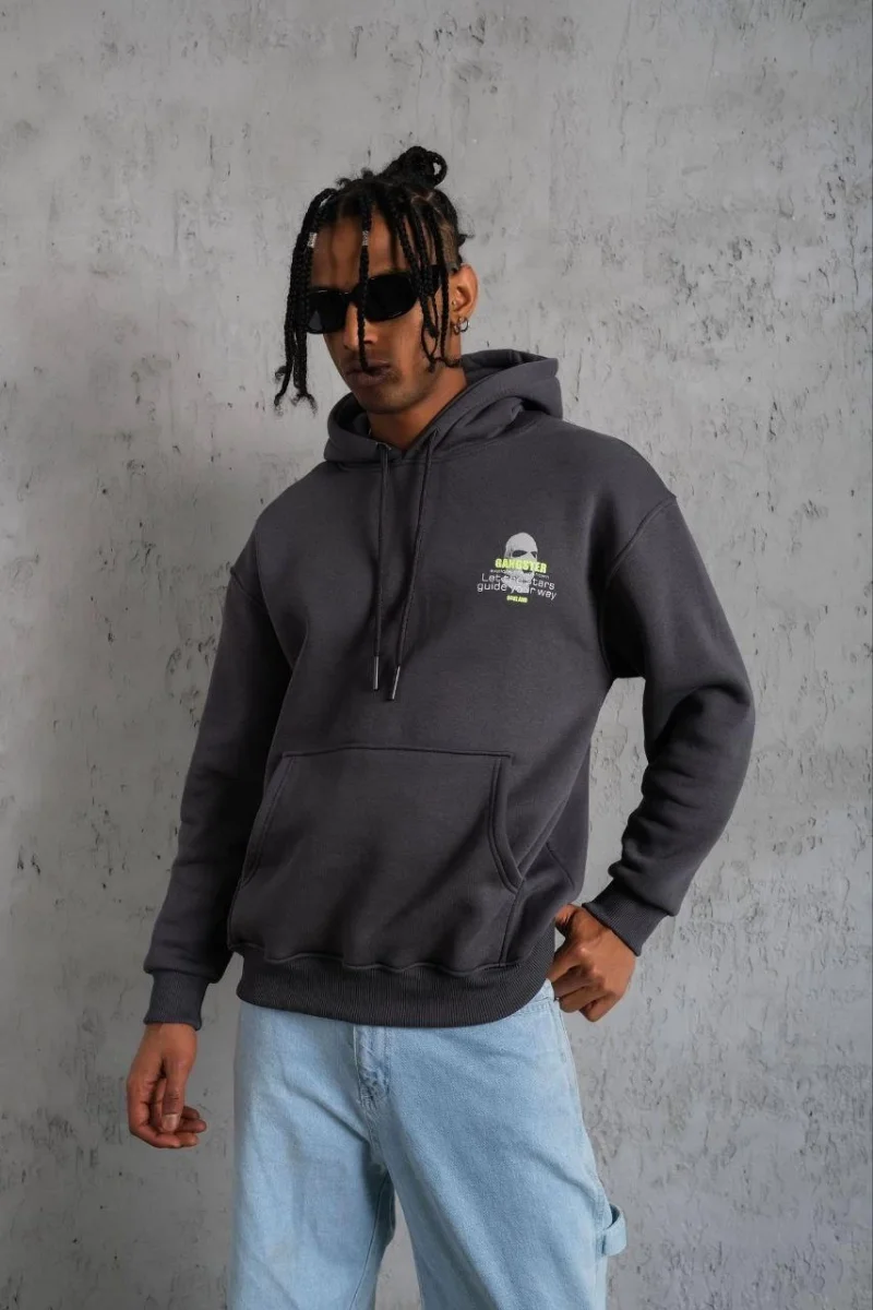 Kordonlu Maske Baskılı Kapşonlu Sweat - Gri