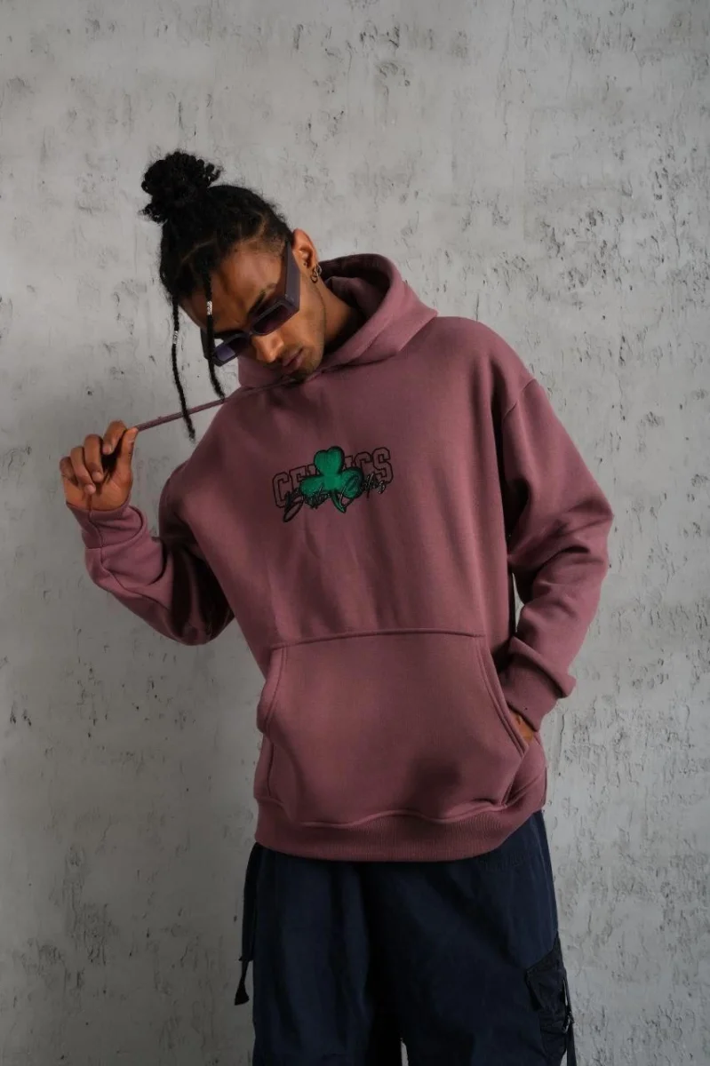 Baskılı Kapüşonlu ve Kordon İpli Sweat - Gül Kurusu