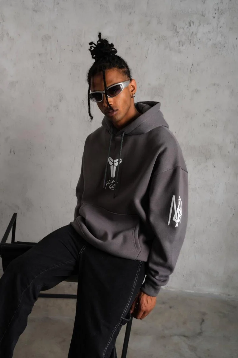 Baskılı Kapüşonlu Sweat - Gri