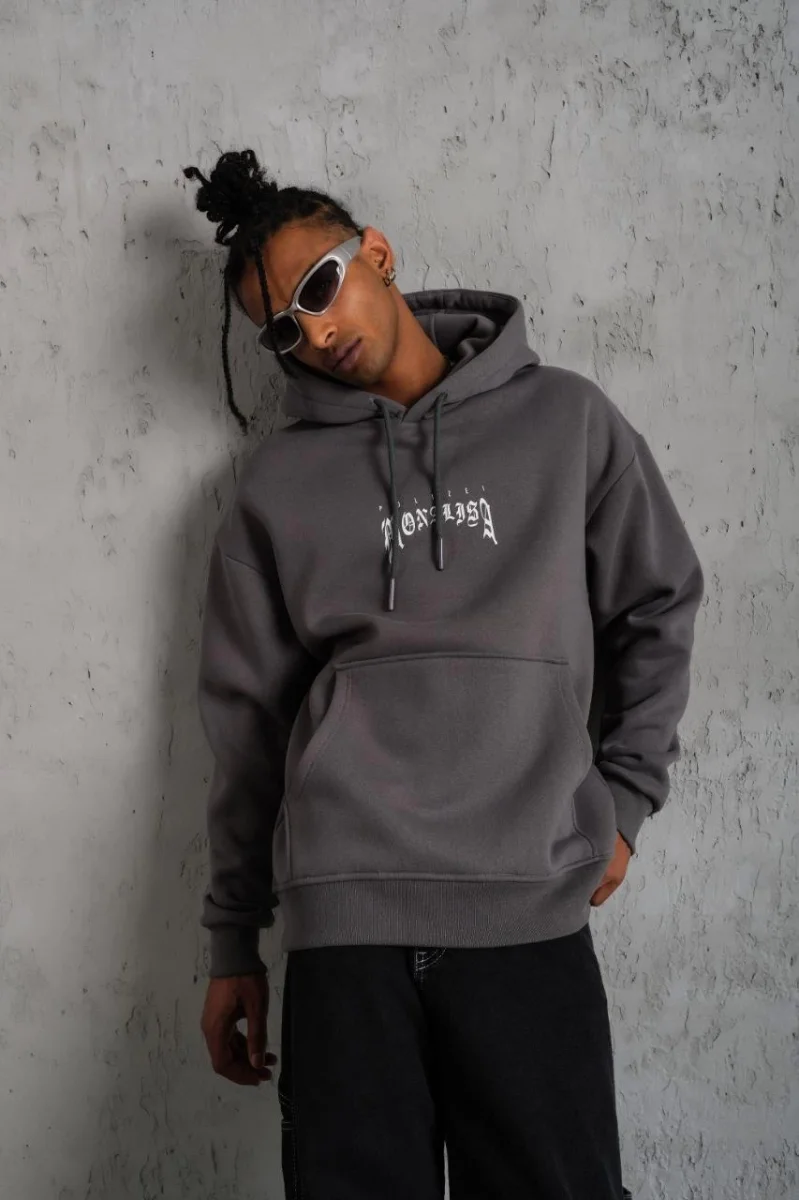 Baskılı Kapüşonlu ve Kanguru Cepli Sweat- Gri