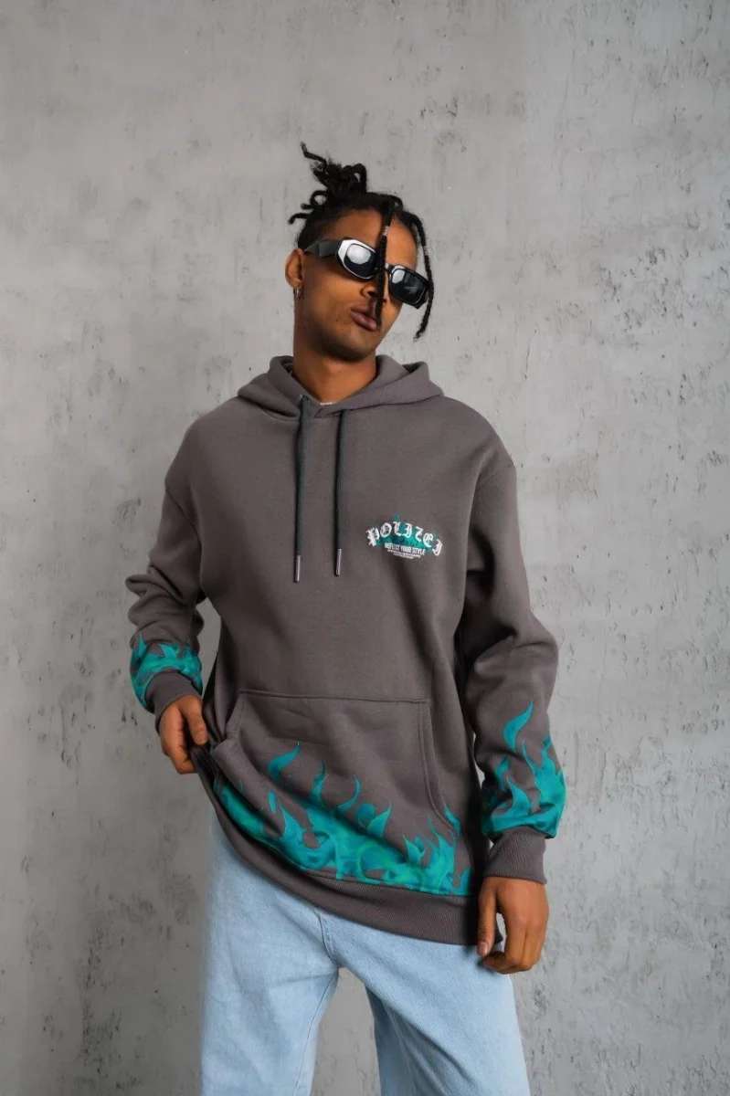 Üç İplik İçi Pamuklu Alev Baskılı Kapüşonlu Sweatshirt - Gri