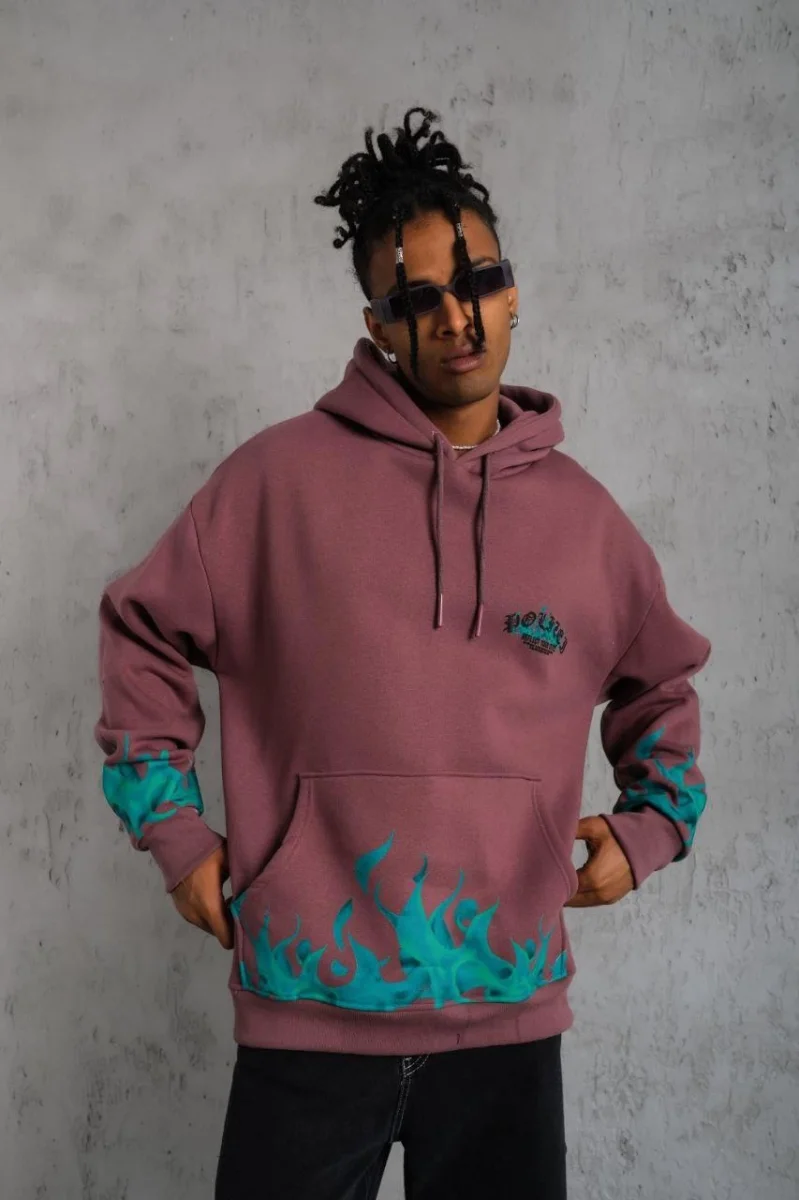 Üç İplik içi Pamuklu Alev Baskılı Kapüşonlu Sweatshirt - Gül Kurusu