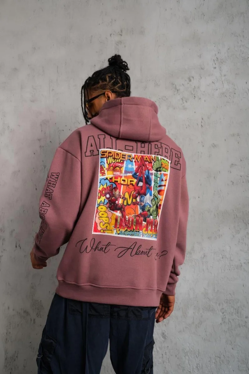 93 Dijital Parça Baskılı Kapşonlu Sweat - Gül Kurusu