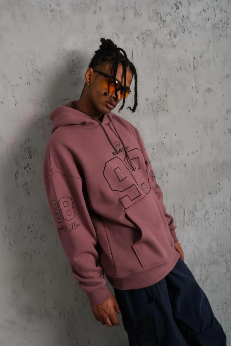 93 Dijital Parça Baskılı Kapşonlu Sweat - Gül Kurusu