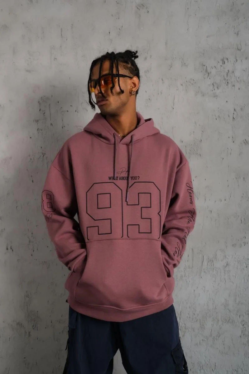 93 Dijital Parça Baskılı Kapşonlu Sweat - Gül Kurusu