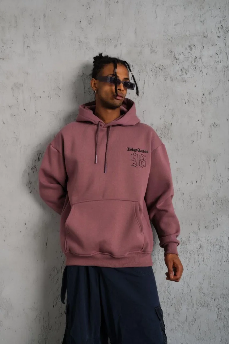 98 Baskılı Kapşonlu Sweat - Gül Kurusu