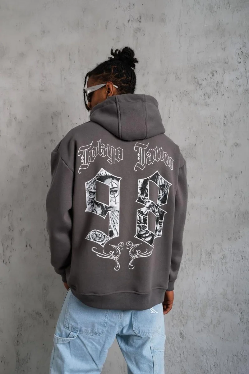 98 Baskılı Kapşonlu Sweat - Gri