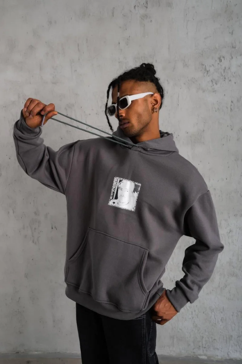 Ön Arka Baskılı Kapşonlu Sweat - Gri