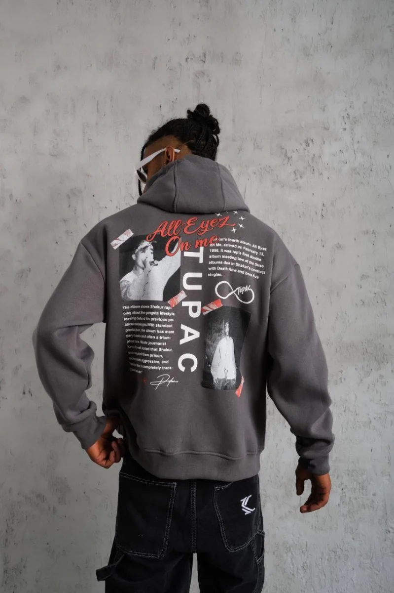 Ön Arka Baskılı Kapşonlu Sweat - Gri