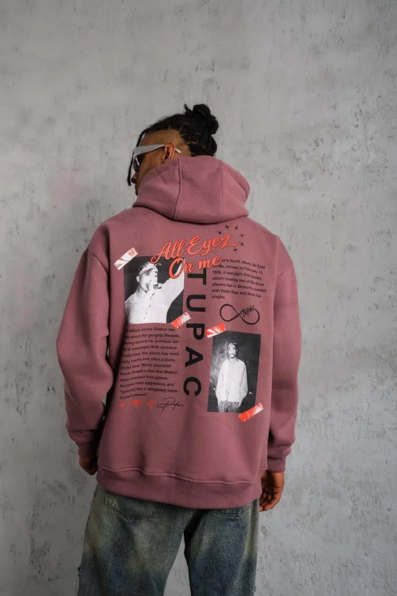 Ön Arka Baskılı Kapşonlu Sweat - Gül Kurusu