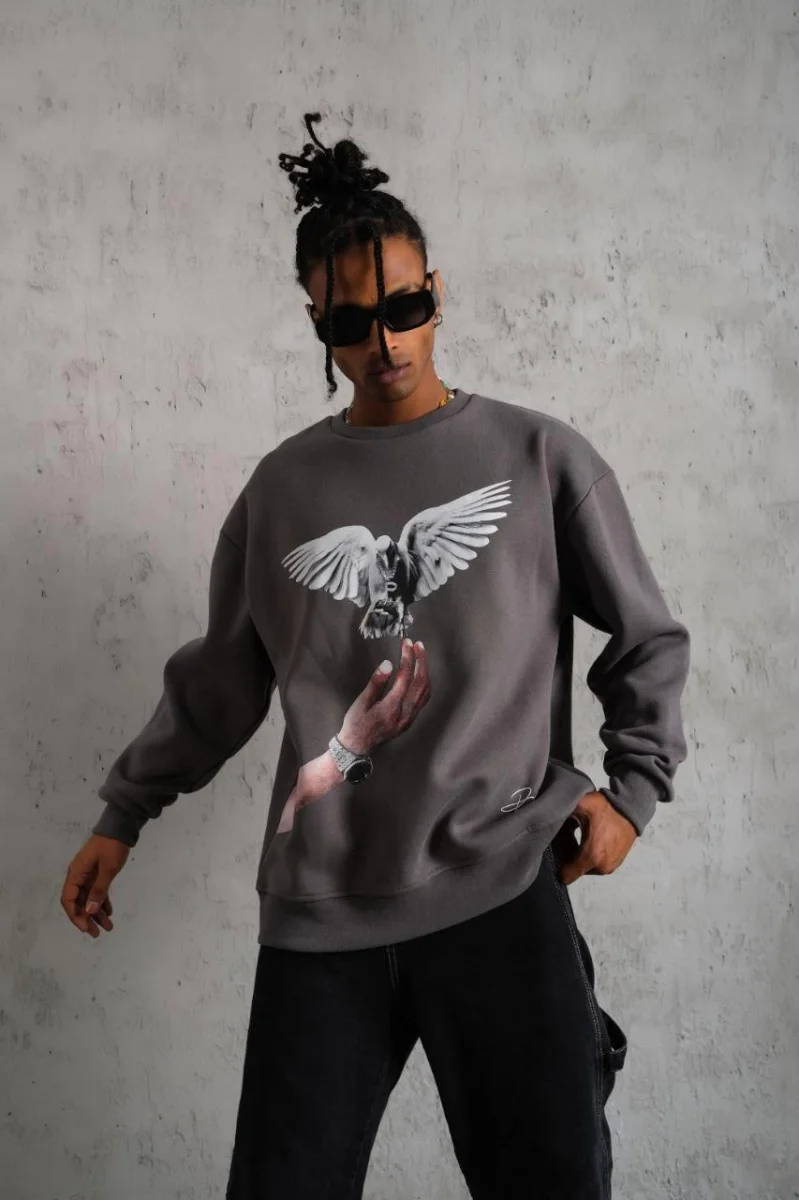 Güvercin Baskılı Sweatshirt - Gri