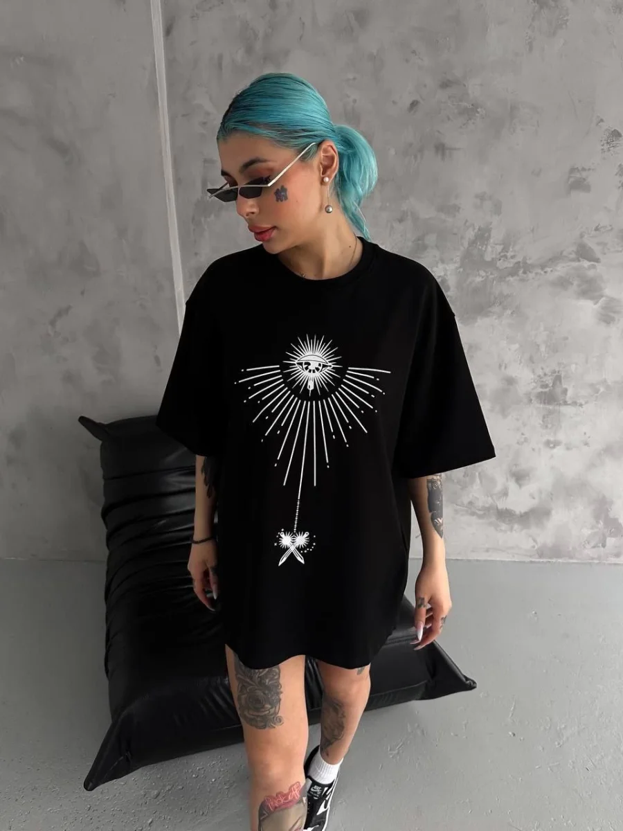 Bisiklet Yaka Baskılı Oversize T-Shirt - Siyah