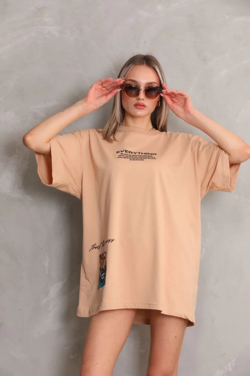 Bisiklet Yaka Baskılı Oversize T-Shirt - Bej
