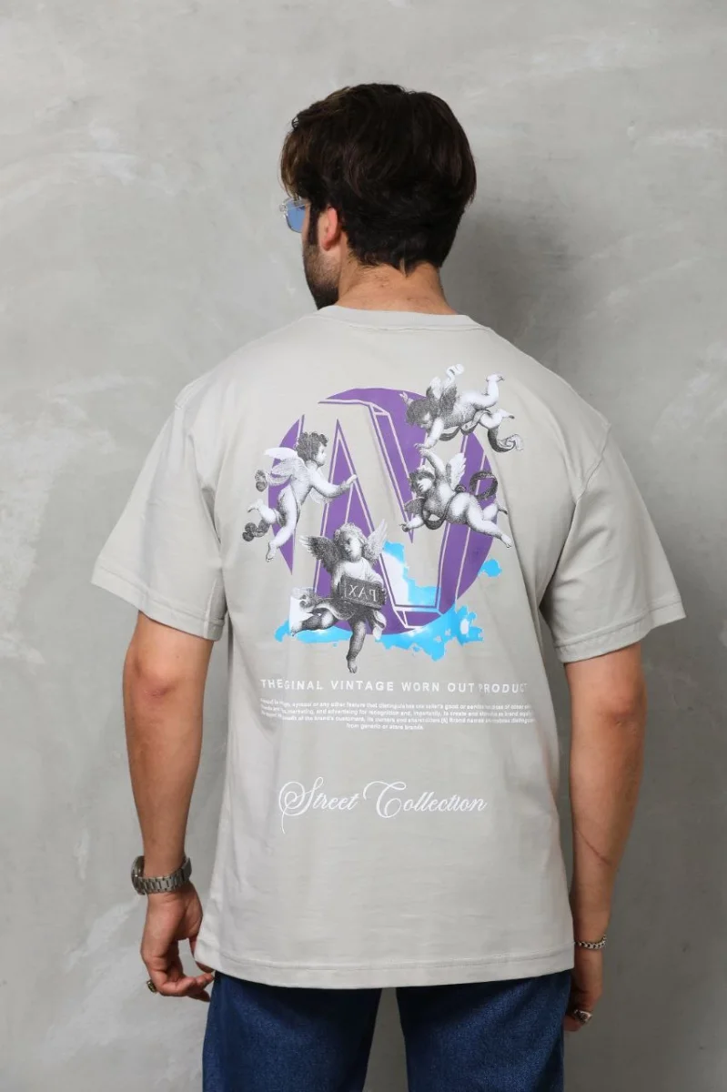 Bisiklet Yaka Baskılı Oversize T-Shirt - Gri