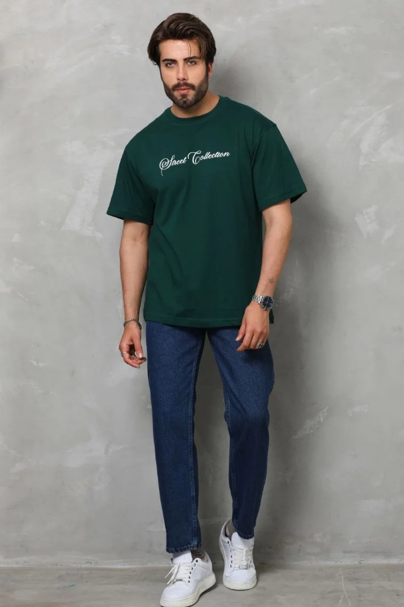 Bisiklet Yaka Baskılı Oversize T-Shirt - Yeşil