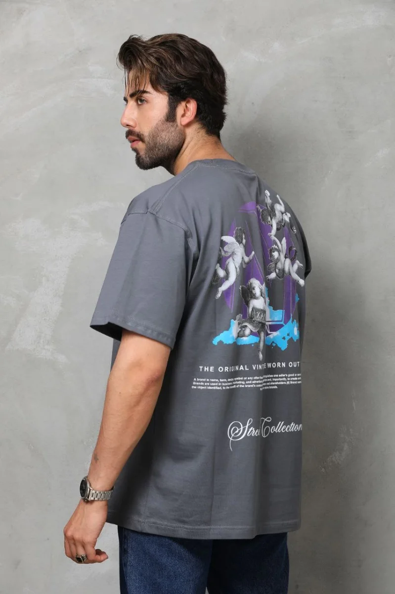 Bisiklet Yaka Baskılı Oversize T-Shirt - Füme