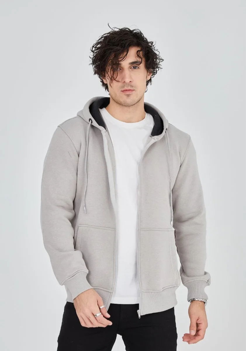 Tam Fermuarlı Kapşonlu  SweatShirt - Boyalı Gri