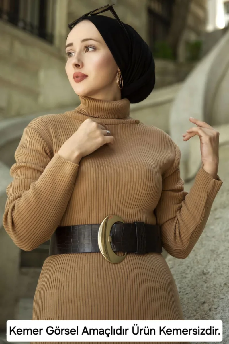 Boğazlı Uzun Fitilli Triko Dokuma Elbise - Kahverengi