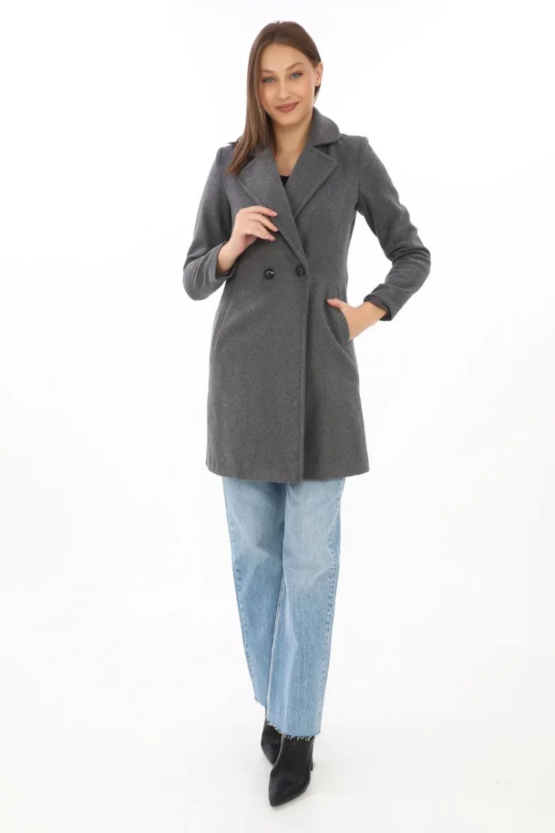 Düğmeli İçi Astarlı   Kaşmir Kaşe Kaban - Füme