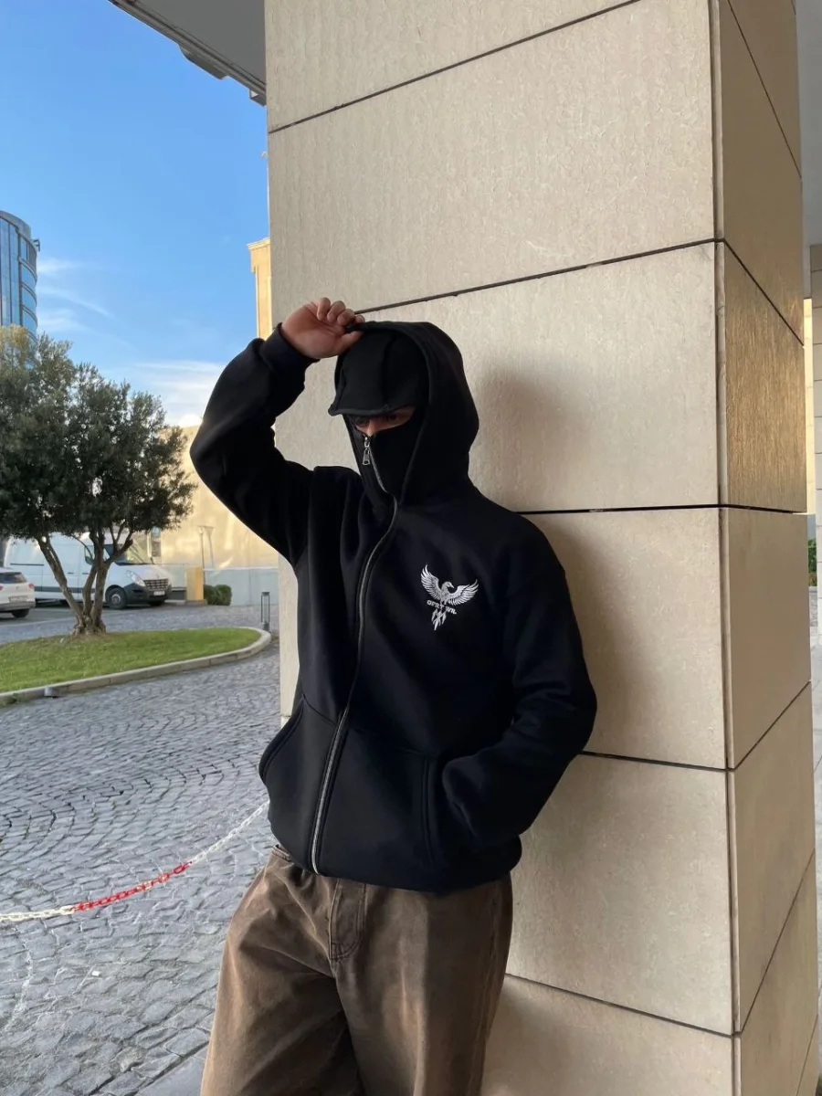 Samuray kapüşonlu ZIP Fermuarlı kapüşonlu SweatShirt - Siyah