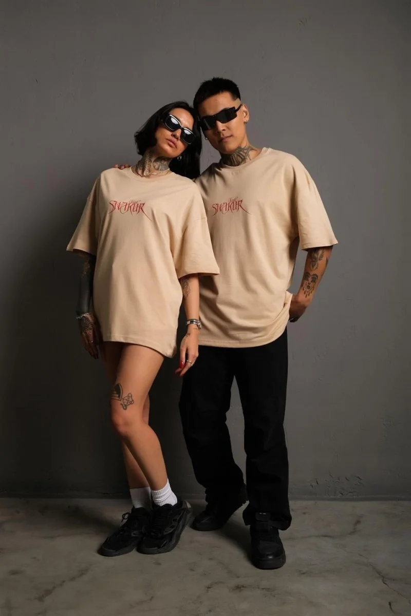 Sırt Baskılı Oversize T-shirt - Bej