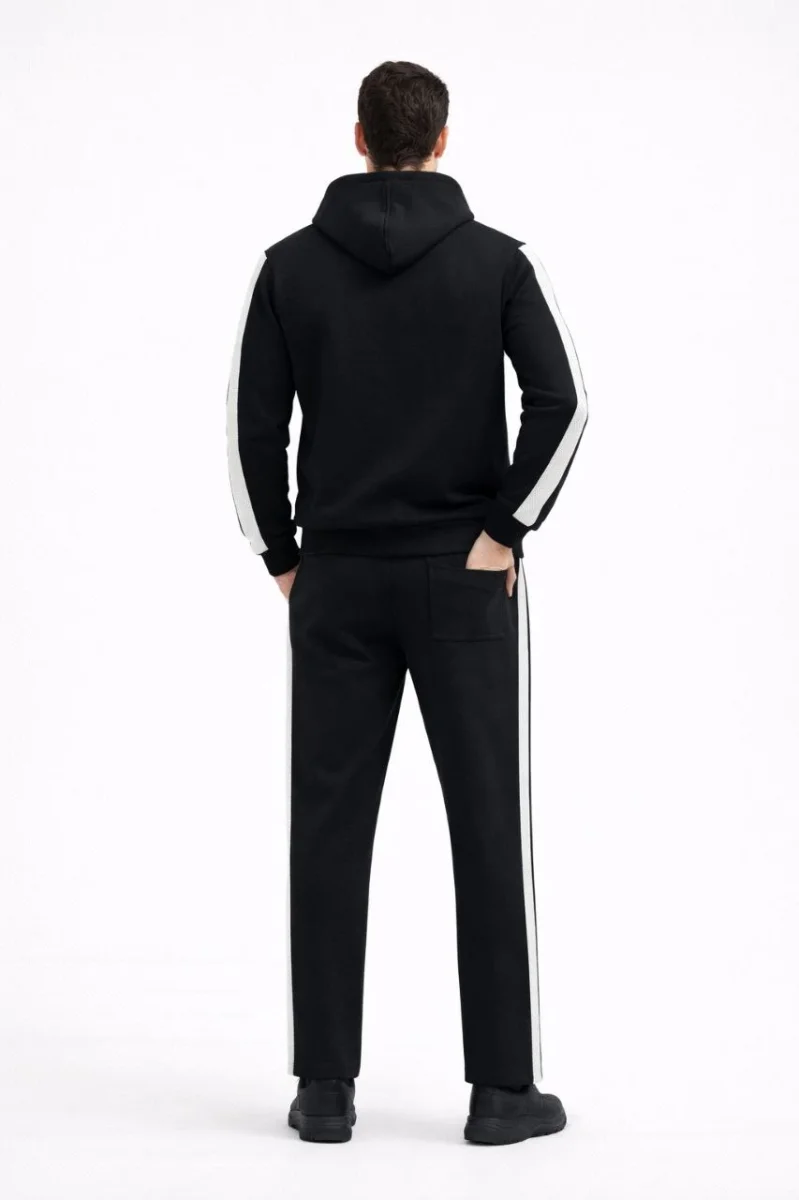 Şeritli Eşofman Takım Kapüşonlu Sweatshirt Boru Paça Alt, Oversize 3 iplik Pamuklu - Siyah