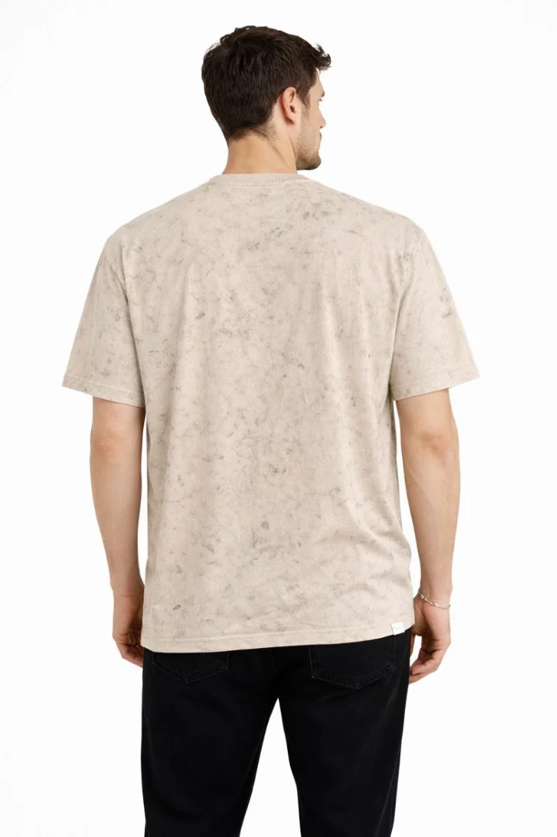 Erkek Asit Yıkama Bisiklet Yaka Kısa Kollu Oversize T-Shirt Tişört - Bej