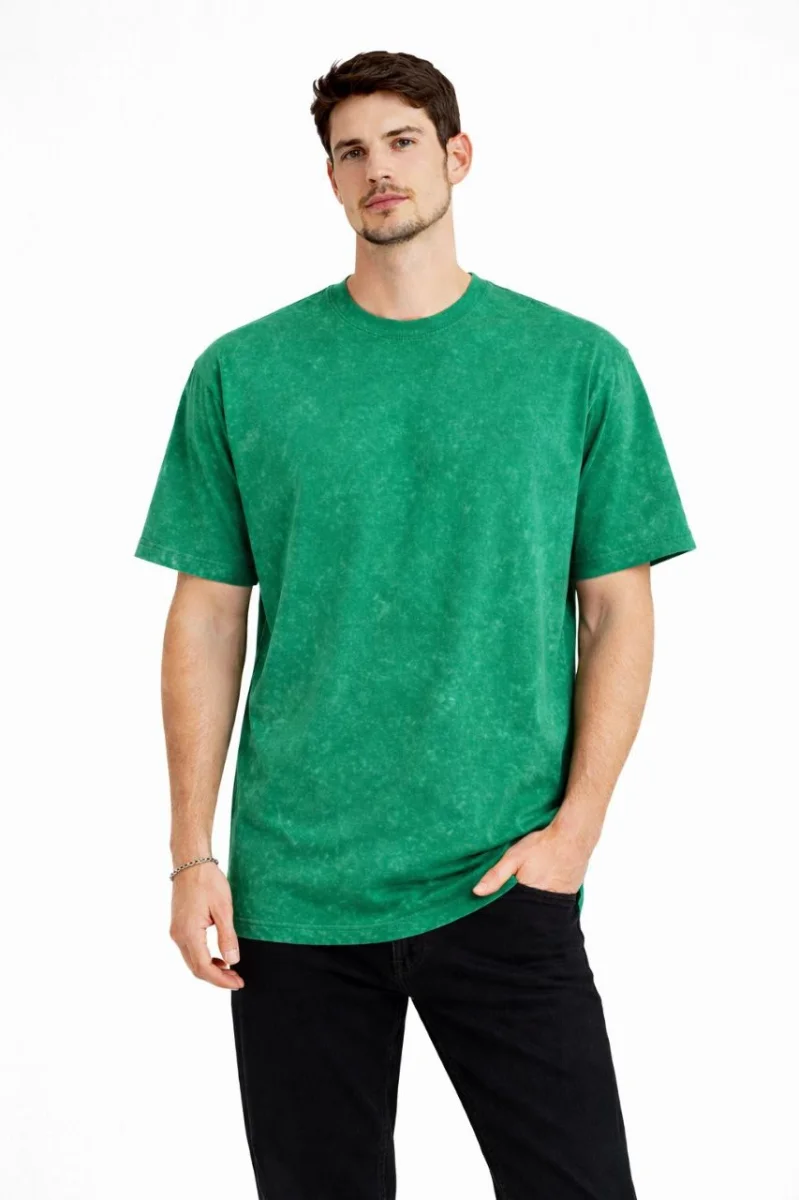 Erkek Asit Yıkama Bisiklet Yaka Kısa Kollu Oversize T-Shirt Tişört - Yeşil