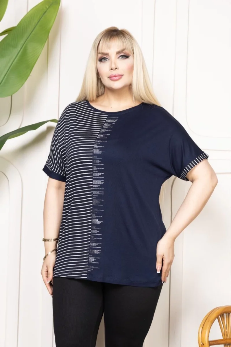 Kadın Büyük Beden Taş Detaylı Çizgili Viskon Tişört Bisiklet Yaka Rahat Kesim - Lacivert