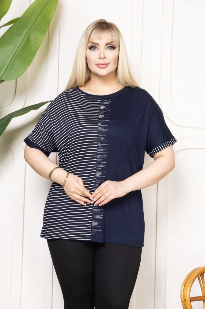 Kadın Büyük Beden Taş Detaylı Çizgili Viskon Tişört Bisiklet Yaka Rahat Kesim - Lacivert