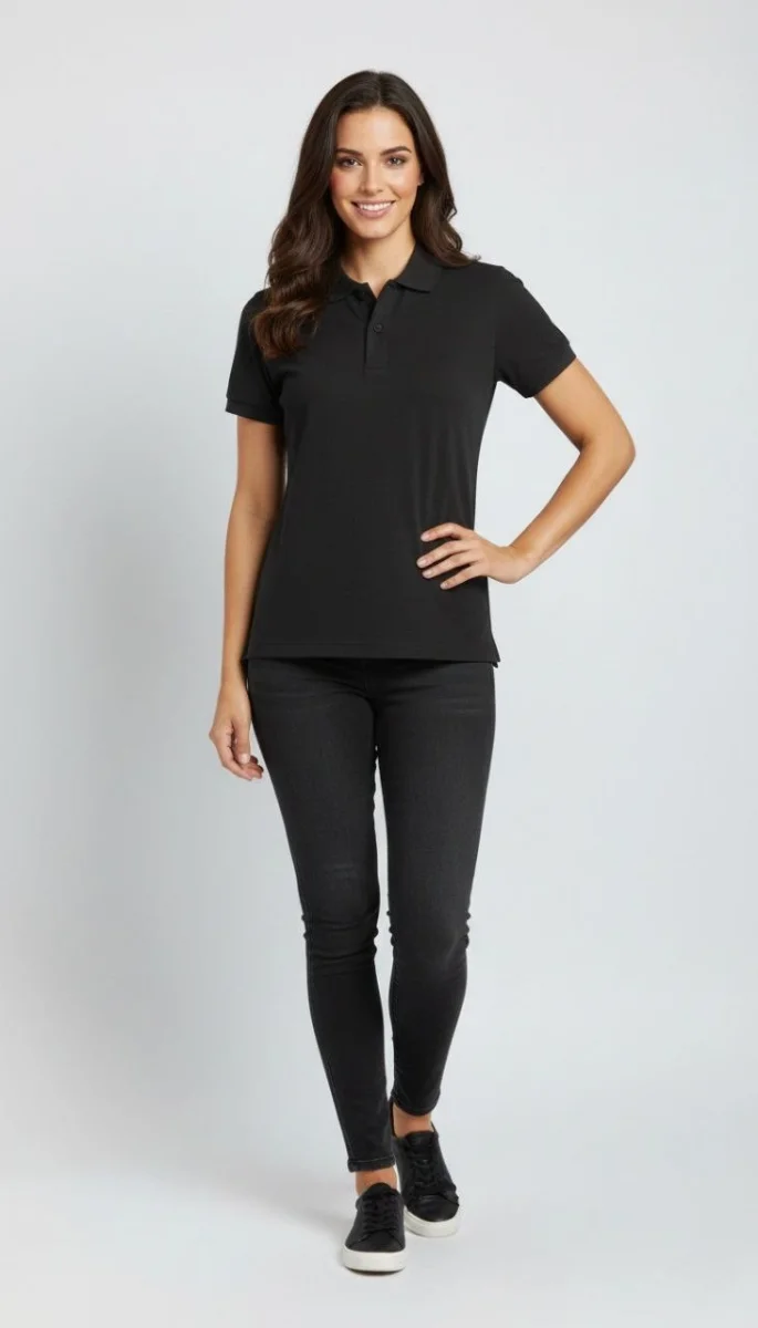 Kadın Pike Kumaş Düğmeli Yaka Regular Rahat Günlük Kısa kol Tişört T-shirt - Siyah