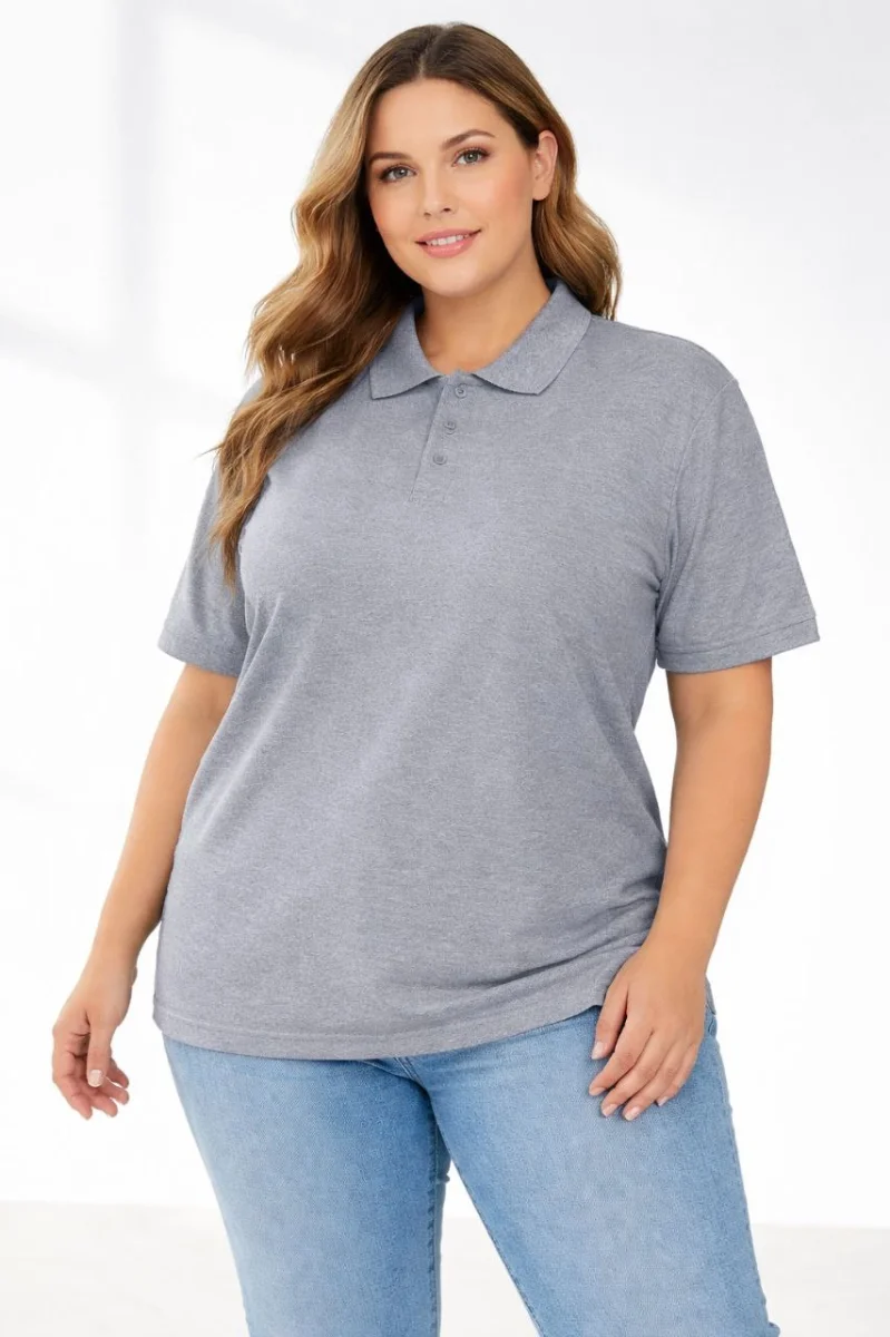 Kadın Pike Kumaş Düğmeli Yaka Battal Büyük Beden Günlük Kısa kol Tişört T-shirt - Gri