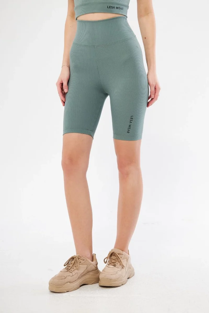 Yüksek Bel Fitilli Biker Baskılı Şort - Mint Yeşili