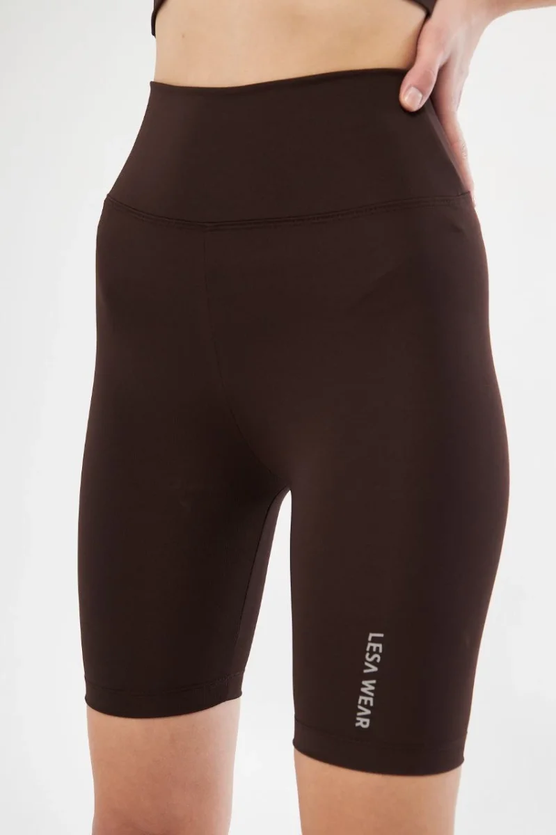 Yüksek Bel Biker Sporcu Şort - Kahve