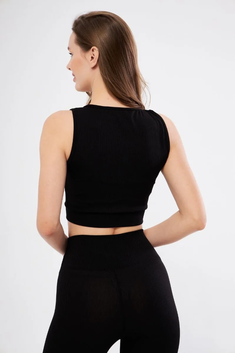 Kadın Fitilli Baskılı Crop - Siyah